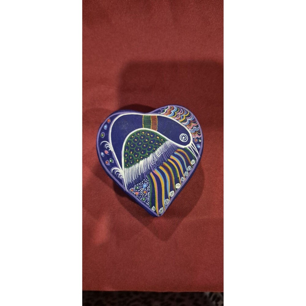Vintage Mexican Folk Art Terracotta Heart Trinket Box Hand Painted Blue Bird